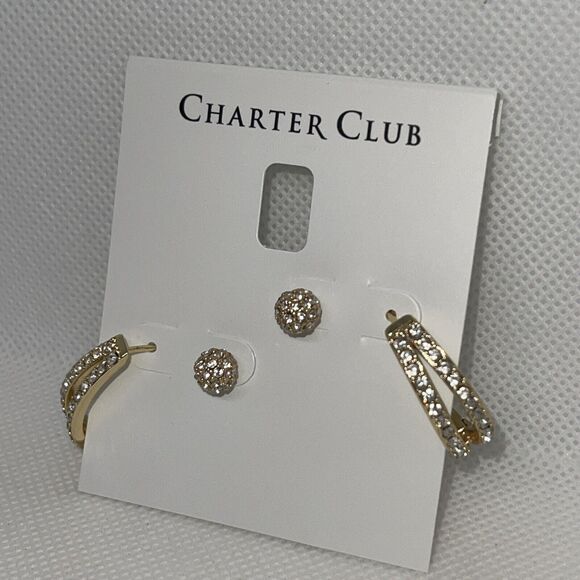 Gold Tone Crystal Earrings (2pc Set) Stunning Chic Fashion Trendy Stylish NWT - Picture 5 of 13